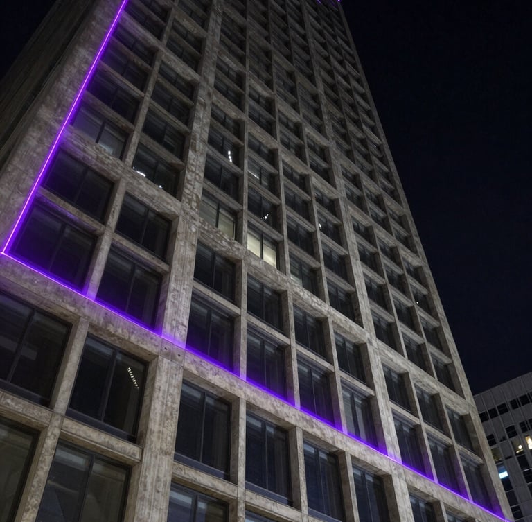 Wide dramatic architectural angle of a modern concrete and steel skyscraper facade under low-key dramatic night lighting, sharp purple laser lines tracing the structural grid.