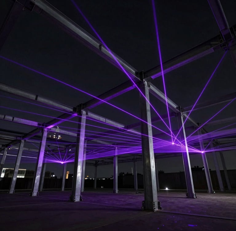 Wide angle, dramatic architectural view of structural steel framing under low-key studio lighting, sharp purple laser-lines projecting a digital compliance grid onto the metal joints, dark obsidian background.