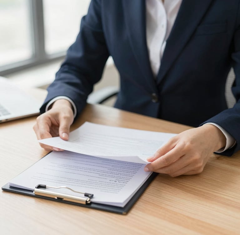 Close-up of a professional legal assistant reviewing structured documents on a clean wooden desk, soft morning light, professional editorial style