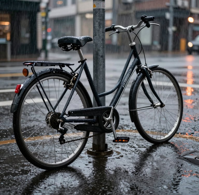 Low-angle street perspective of a worn commuter bicycle locked to a metal street post in heavy rain. Water droplets on the frame, wet asphalt reflecting city lights, high-contrast.