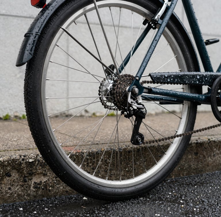 Low-angle street perspective of a commuter bike's rear wheel and chain covered in water droplets, parked against a gritty concrete curb during overcast daylight.
