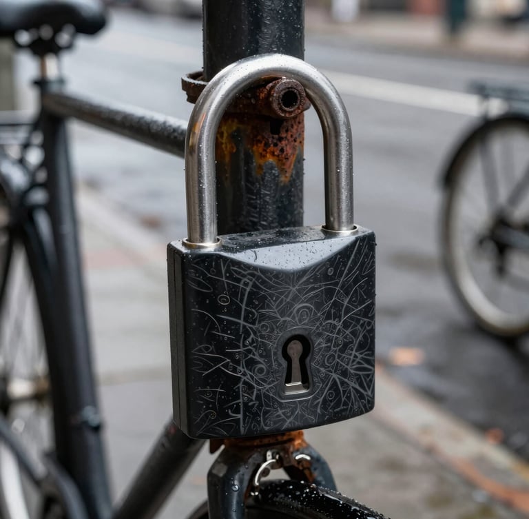 A close-up street perspective of a heavily scratched black U-lock securing a commuter bike to a rusted metal signpost on a wet NYC street under overcast daylight.