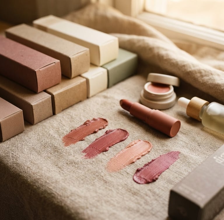 Macro shot of organized clean beauty product boxes and lipstick swatches on textured linen, warm diffused window light, editorial composition