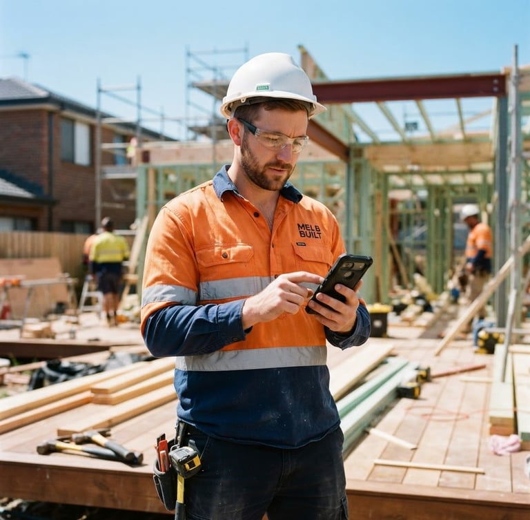 Bright natural daylight photography, a clean-cut Melbourne tradesman on a residential construction site holding a smartphone, high-contrast modern tech, sharp focus, 35mm