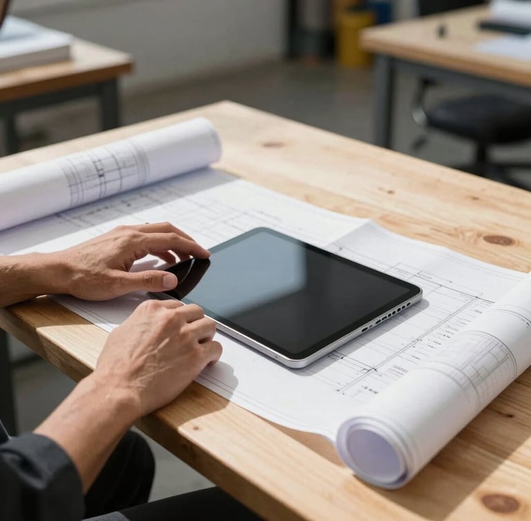 Bright natural daylight photography, hands-on work with blueprints and a modern tablet on a clean wooden workbench, high-contrast, sharp focus, 35mm