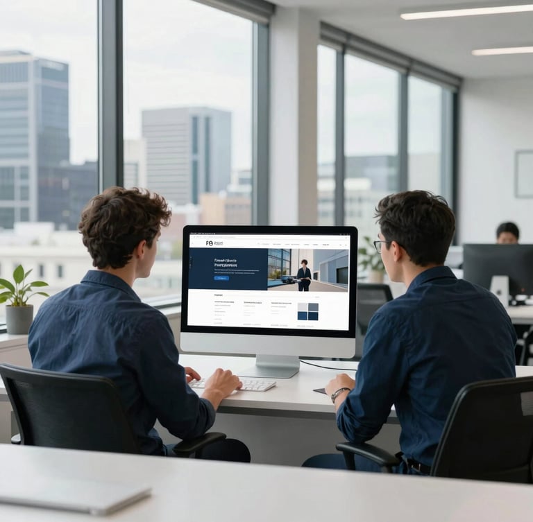 Bright natural daylight, two professional web designers reviewing a website layout on a screen in a modern Melbourne office space, large windows, clean professional setting, 35mm