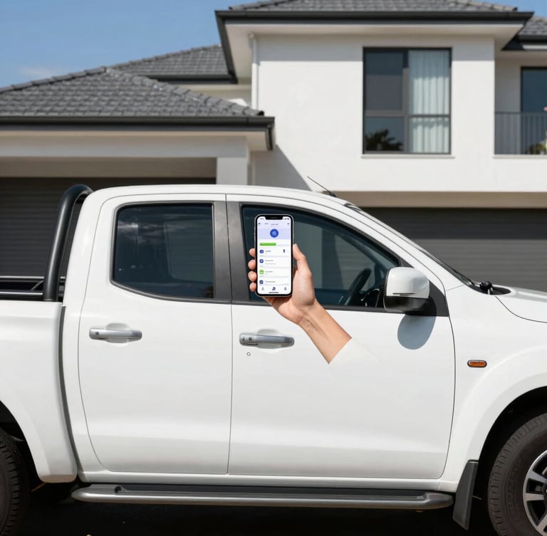 Bright natural daylight photography, a clean white trade ute parked in front of a modern suburban house, a tradesperson holding a smartphone showing local search results, high-contrast, 35mm
