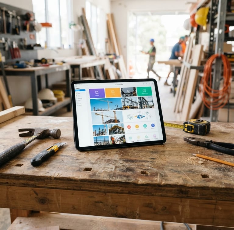 Bright natural daylight photography, a modern tablet showing a clean construction website layout resting on a wooden workbench next to steel tools, high-contrast, 35mm