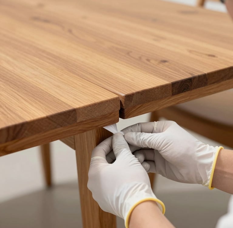 Close-up of hands in protective gloves carefully securing the joint of a heavy teak dining table, bright natural light, crisp details.