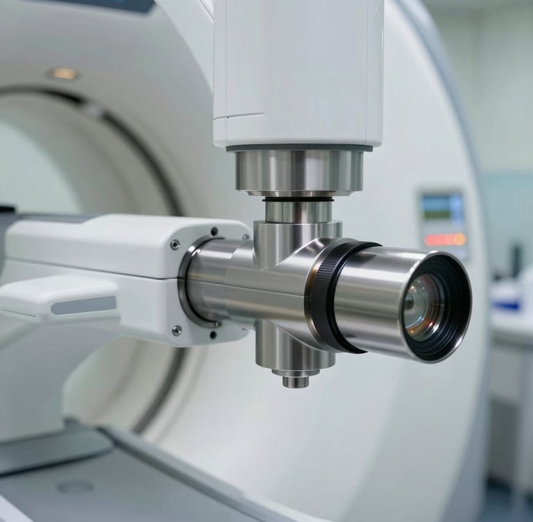 Macro close-up of a high-precision rotating arm of a modern CBCT dental scanner, clean steel and medical-grade white surfaces, bright clinical lighting