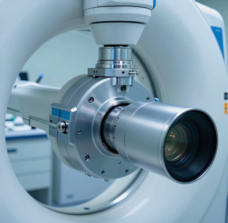 Macro shot of a high-tech dental CBCT scanner rotating arm joint, cool clinical blue tones, sharp focus on mechanical precision, sterile laboratory background.