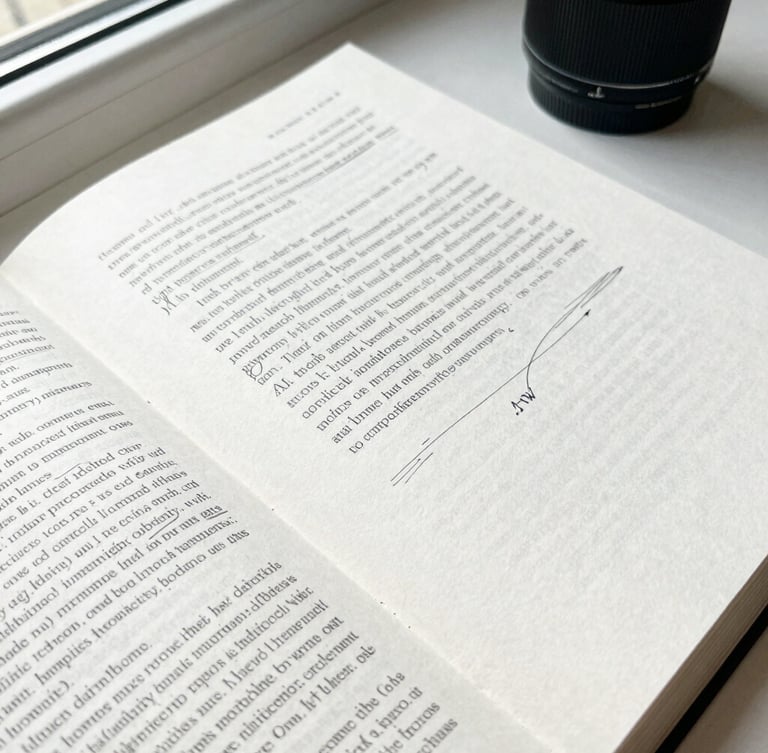 A top-down flat-lay of a printed book manuscript with editorial pencil markings on crisp textured paper, soft natural window light, 50mm lens