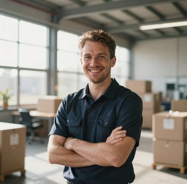 A bright, natural environmental portrait of a Dutch logistics coordinator smiling in a sunlit modern warehouse office, warm daylight streaming through large windows, soft depth of field.