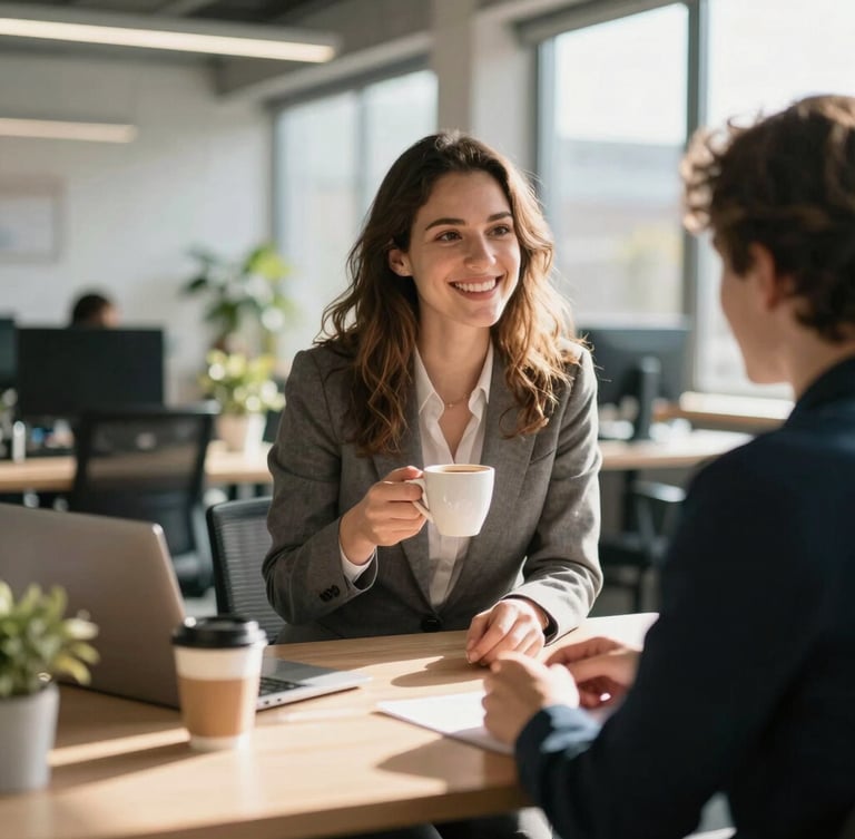 A warm, sunlit modern logistics office in Rotterdam, a friendly Dutch recruiter smiling while sharing coffee with a candidate, bright natural late summer morning light, shallow depth of field.