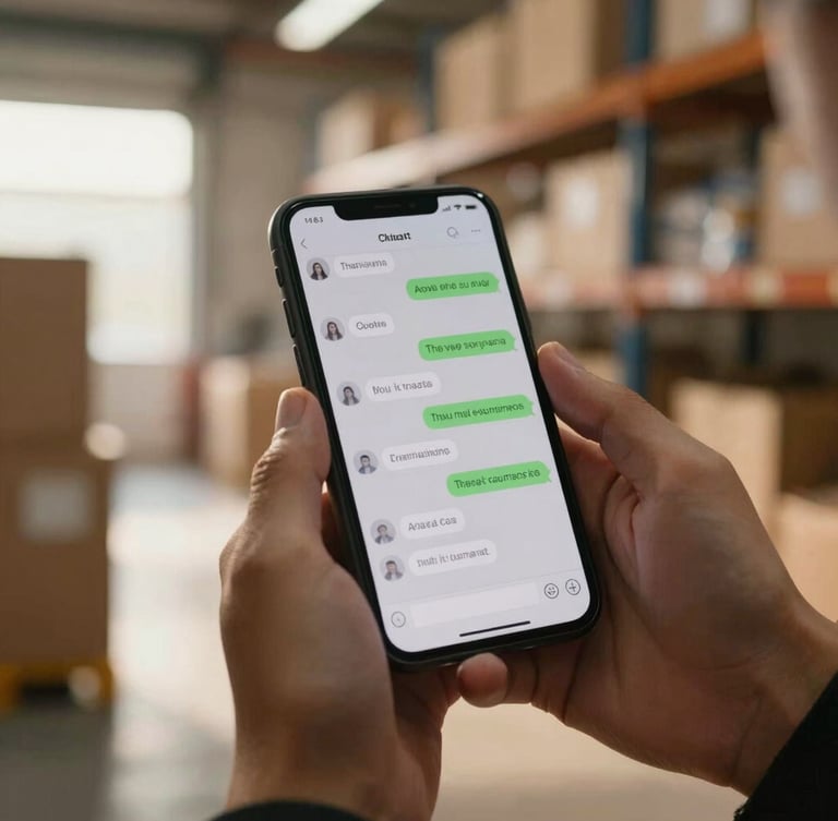 A close-up of hands holding a smartphone displaying a chat window, set against a background of a warm sunlit logistics hub with soft-focus wooden details, natural morning light.