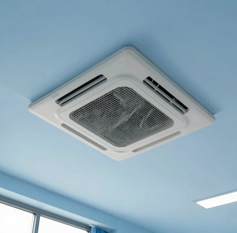 Pristine, clean industrial air conditioning installation, a modern Cassette unit seamlessly integrated into a clinical ceiling, bright natural daylight, cool blue tones, sharp focus