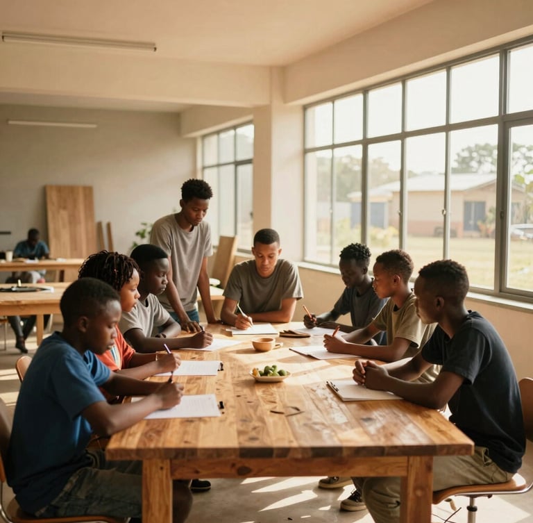 Bright, open interior of a modern workshop room in Lusaka, young people collaborating around a large wooden table, warm natural light, architectural lines, 35mm style.