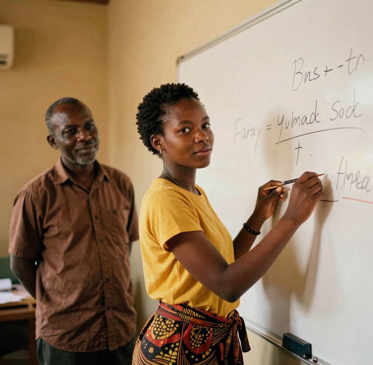 An environmental portrait of a young Zambian woman presenting her ideas on a whiteboard while her mentor watches proudly, warm workshop lighting, 35mm film style