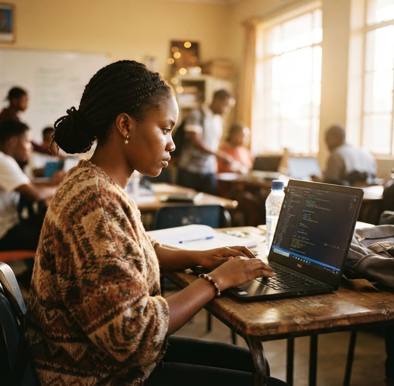 A focused young Zambian woman coding on a laptop in a bright Lusaka classroom, warm golden-hour light filtering through windows, shallow depth of field, 35mm film style.