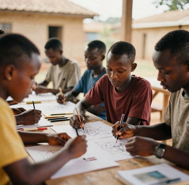 A vibrant workshop in Lusaka with young Zambians collaborating over a design prototype, warm natural light, shallow depth of field, 35mm film style.