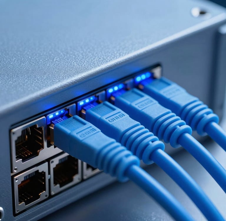 Macro close-up of blue fiber optic patch cables plugged into a clean server port, cool blue led lights, crisp technical photography, professional editorial style