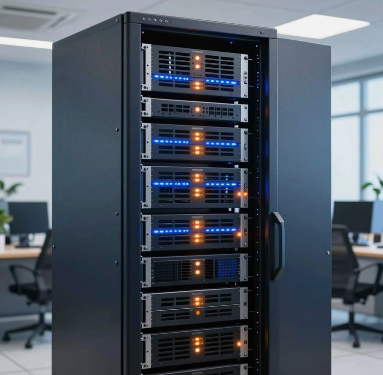 A clean, modern server rack in a secure data center with glowing blue and warm orange status lights, sharp focus, professional corporate setup.