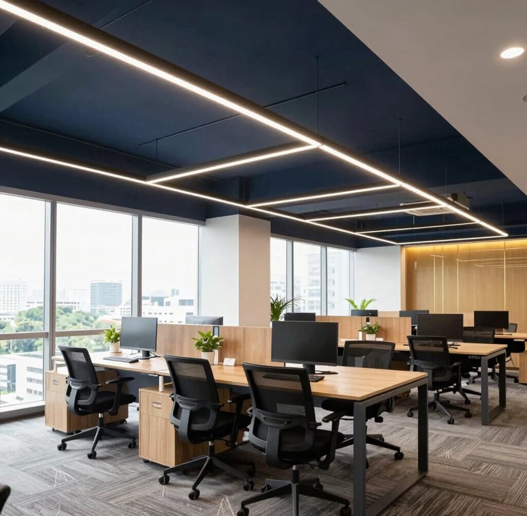 An architectural shot of a modern collaborative office space in Davao City, bright natural daylight, clean desks, professional atmosphere