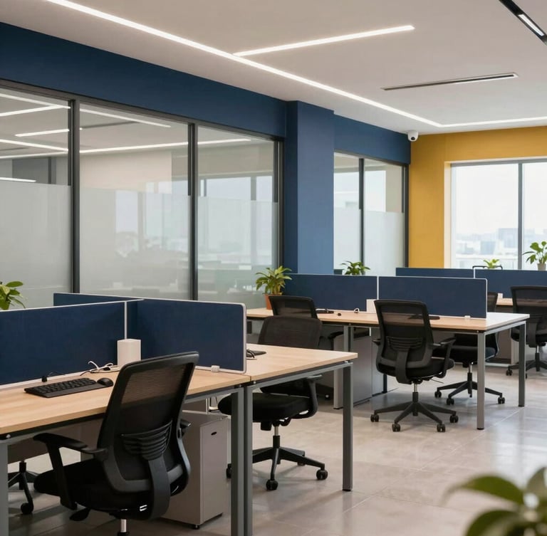Bright, modern coworking space in Davao, clean desks, glass walls, natural daylight, professional corporate editorial photography with deep navy and warm gold accents.