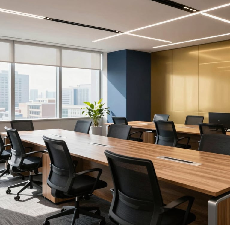 Medium shot of a bright and modern corporate office interior under natural daylight, featuring clean wooden desks, professional meeting spaces, and warm gold accents.