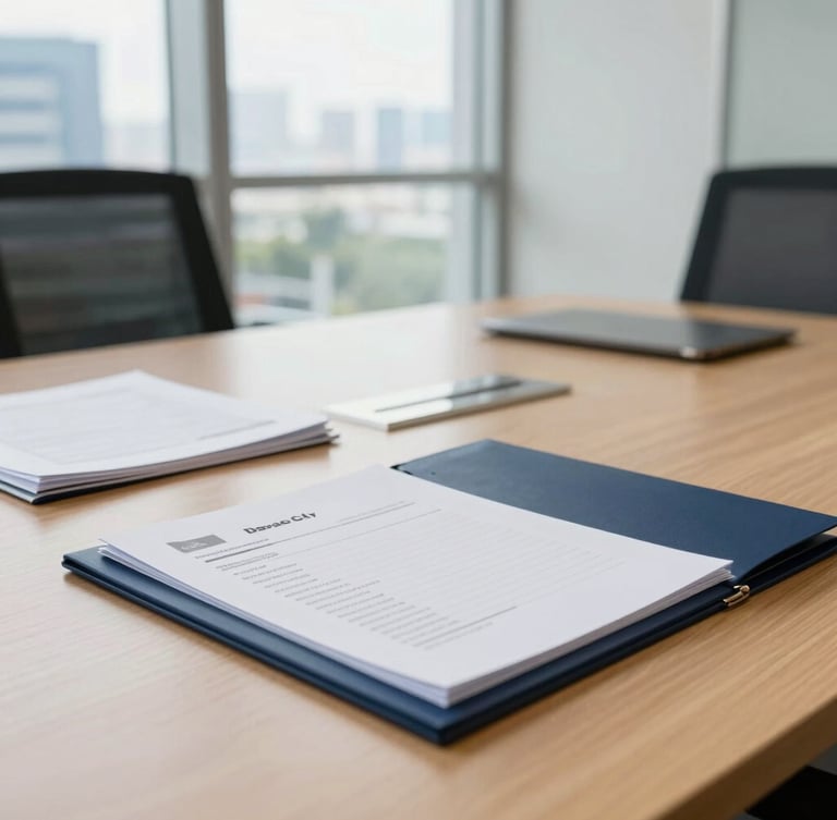 Bright, daylight-filled Davao City corporate office, clean meeting room table with structured business documents and folder, professional setting, sharp focus, 35mm lens