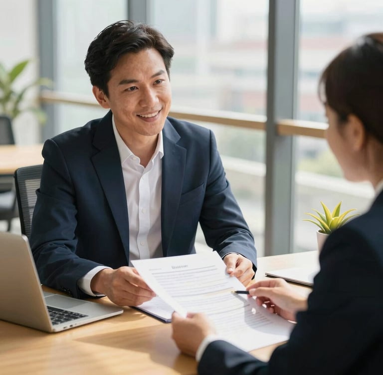 A professional business consultant in a bright, modern Davao office discussing documents with a client, warm natural daylight, navy and gold accents