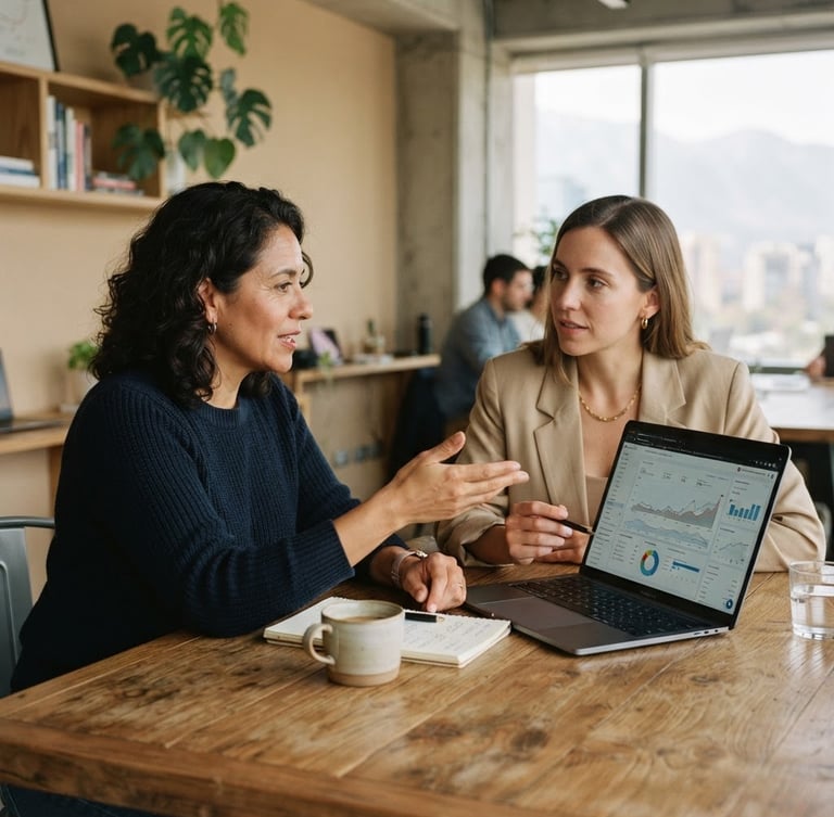 A collaborative 1:1 working session in a modern Santiago office, a strategist and a Chilean SME founder analyzing business metrics on a laptop, warm sand tones, soft natural daylight, shallow depth of field, 35mm