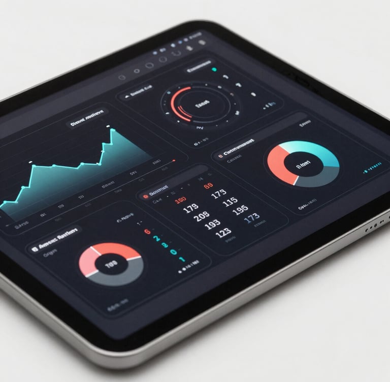 Macro shot of a tablet interface displaying high-contrast system architecture diagrams and performance metrics, clean studio lighting, sharp shadows.