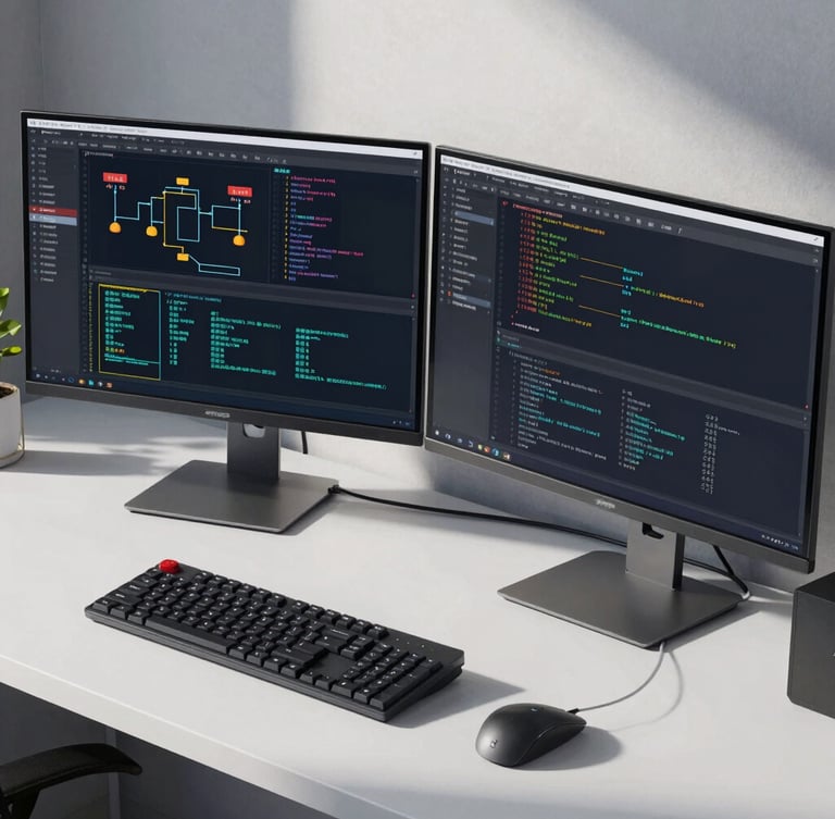 Sharp direct-angle shot of a clean modern developer workspace, dual monitors displaying complex system architecture diagrams and code, cool daylight, sharp technical shadows.