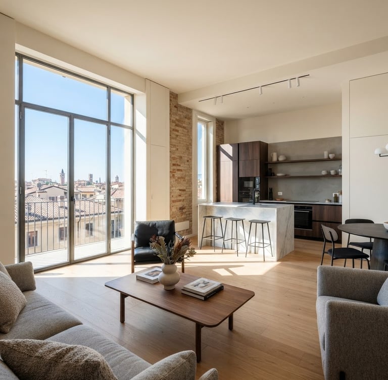 Wide architectural shot of a newly renovated, modern apartment interior in Verona, bright natural daylight streaming through large windows, showcasing high-quality finishes and clean lines. Focus on the living area with a view into a contemporary kitchen, no people, crisp focus.