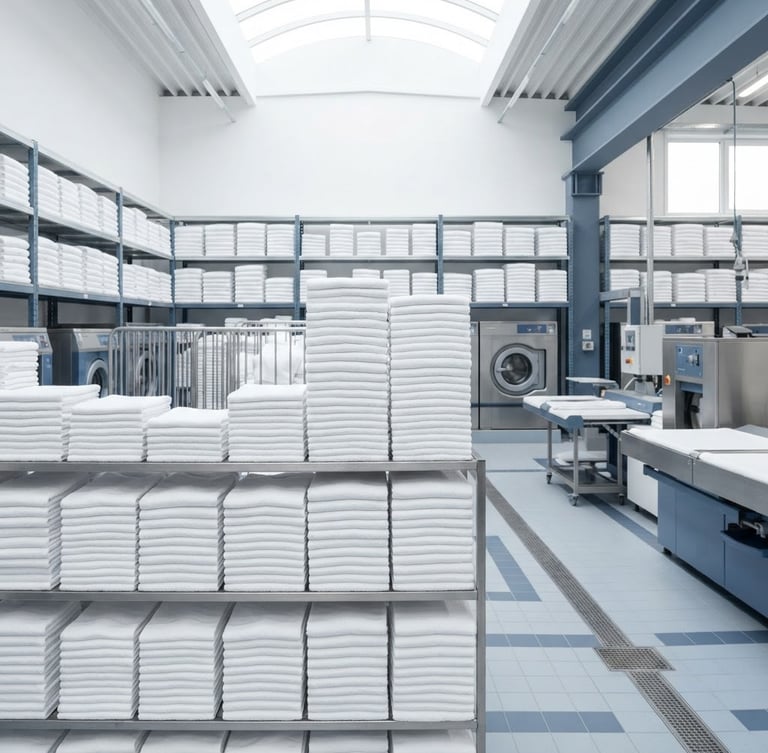 Wide shot of neatly stacked, crisp white towels in a clean, modern industrial laundry facility, bright high-key daylight, sharp focus, slate blue accents in the background.