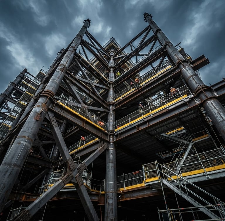 Low-angle heroic shot of massive structural steel framework under dramatic overcast daylight, highlighting precise steel joints and safety scaffolding.