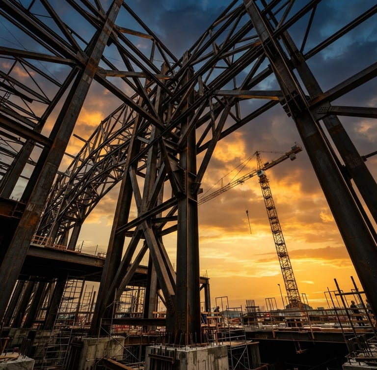 Low-angle heroic shot of massive structural steel frameworks under dramatic golden hour sky, industrial crane in background