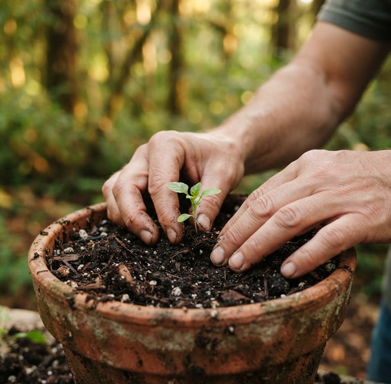A close-up of hands gently potting a small green seedling in rich soil, soft warm morning daylight, shallow depth of field, natural forest green background.