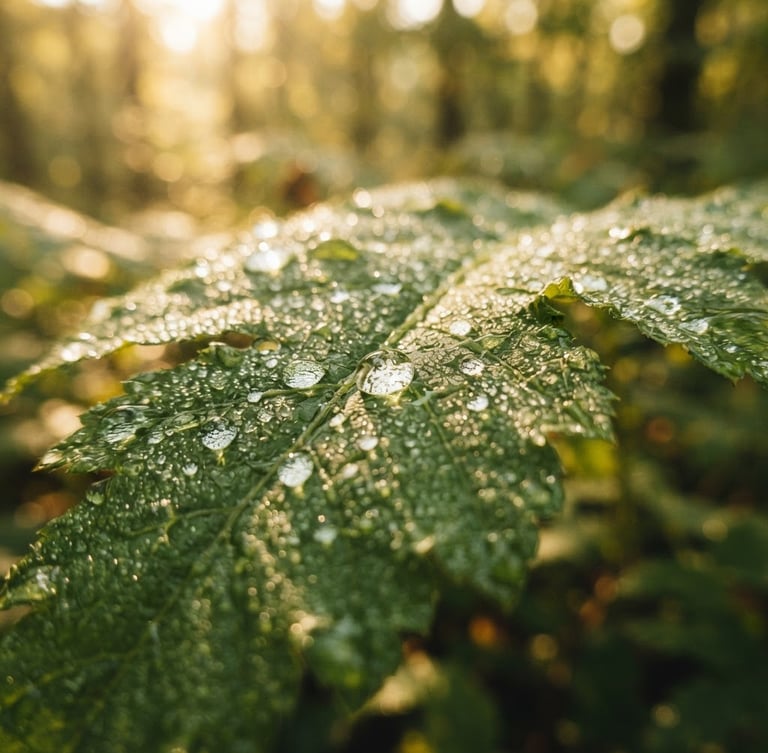 Macro shot of a vibrant green botanical leaf glistening with morning dew, soft golden sunlight filtering through, shallow depth of field, warm editorial photography