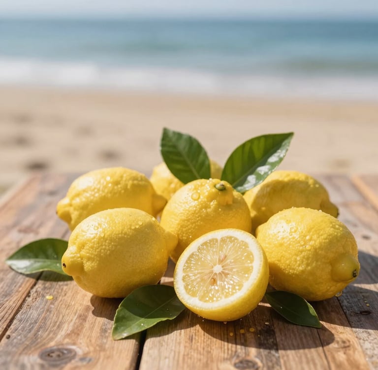 Close up of fresh lemons with green leaves on a rustic wooden table, bright natural Mediterranean sunlight, soft shadows