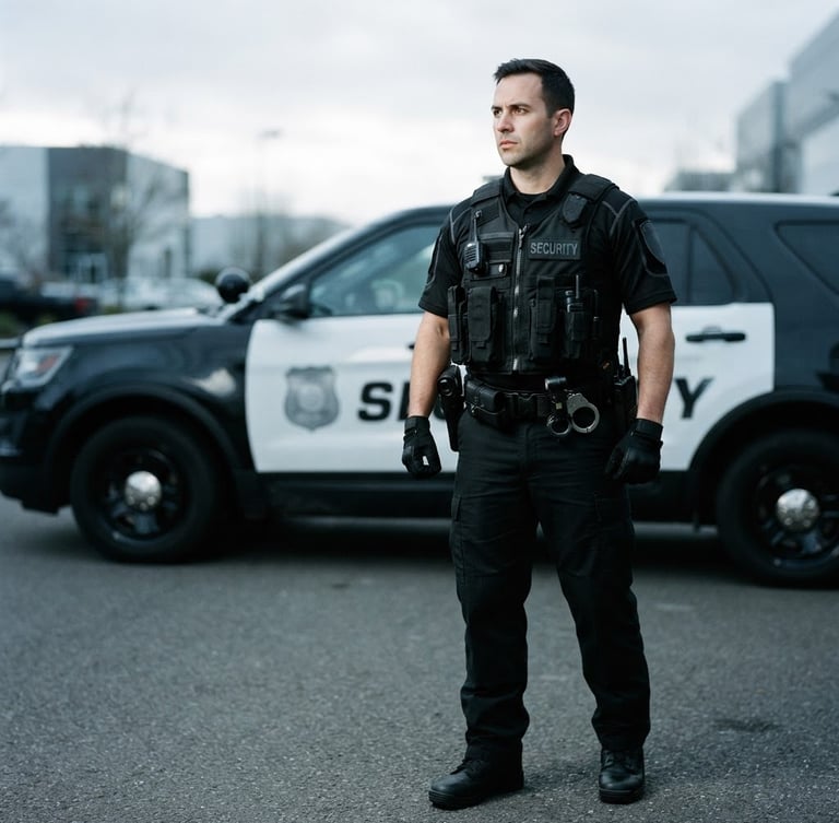 Uniformed security officer in tactical gear, looking alert, against a backdrop of a patrol vehicle, high-contrast cool daylight, 35mm