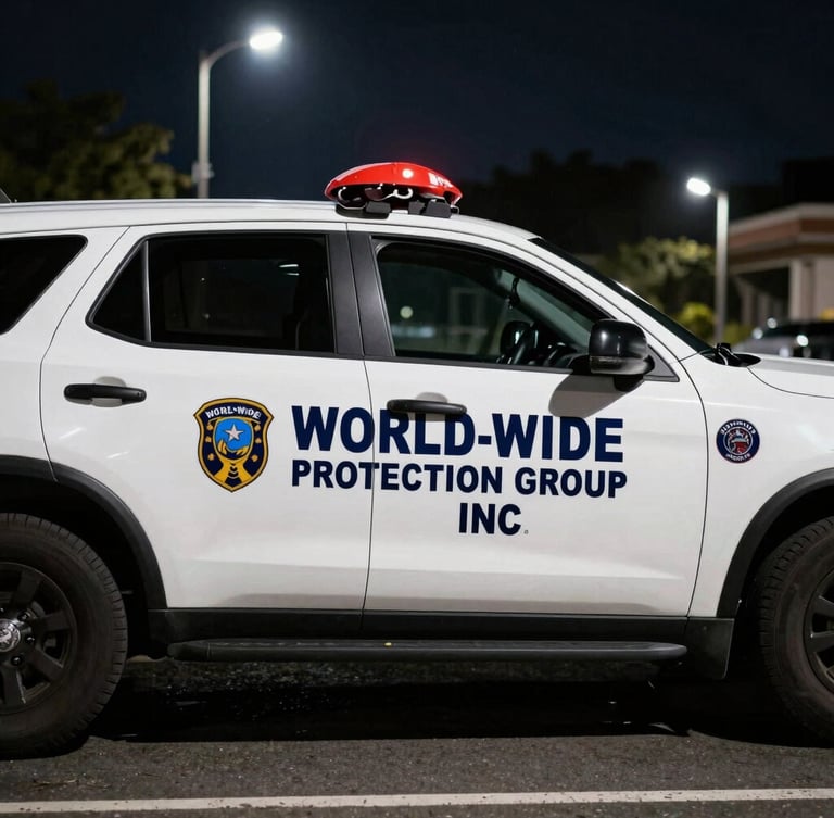 Medium close-up of a marked World-Wide Protection Group Inc. patrol vehicle, side profile, parked on a street at night under streetlights, high-contrast cool daylight, deep shadows, sharp details, tactical and professional, 35mm