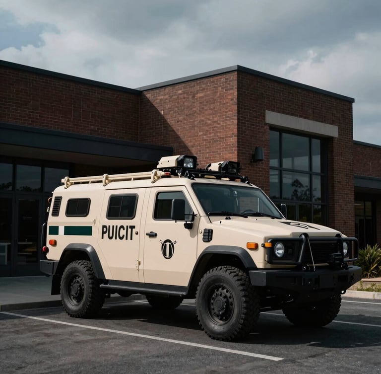 Dramatic editorial photography of a marked tactical security patrol vehicle parked outside a modern brick command center building, cool overcast sky, deep shadows, 35mm