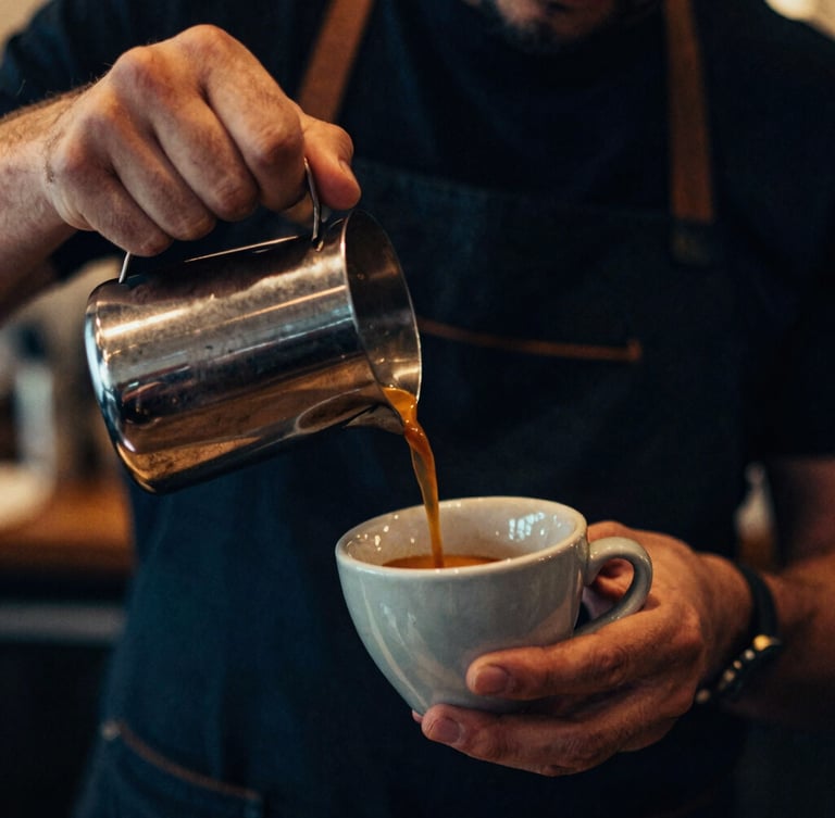 Close-up portrait of a barista pouring a double shot of espresso into a ceramic cup, warm amber lighting, deep blue shadows, 35mm film