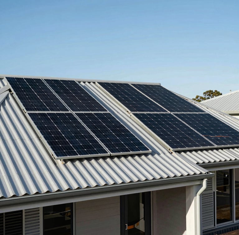 Wide architectural shot of a modern Perth home with a colorbond roof and premium black solar panels under a bright, crisp Western Australian sky