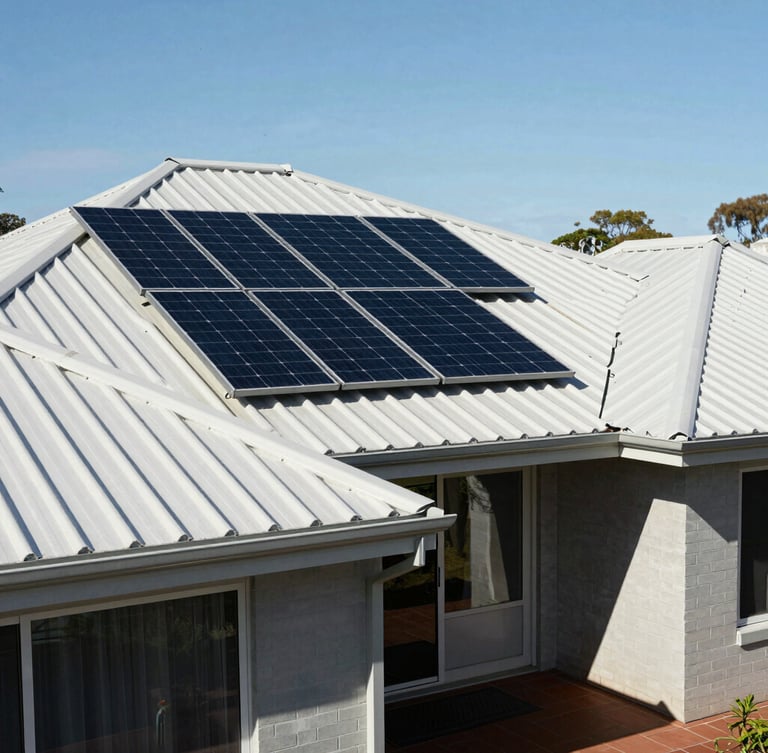 A clean, modern Perth home with Colorbond roofing and neatly installed solar panels under bright Western Australian daylight.