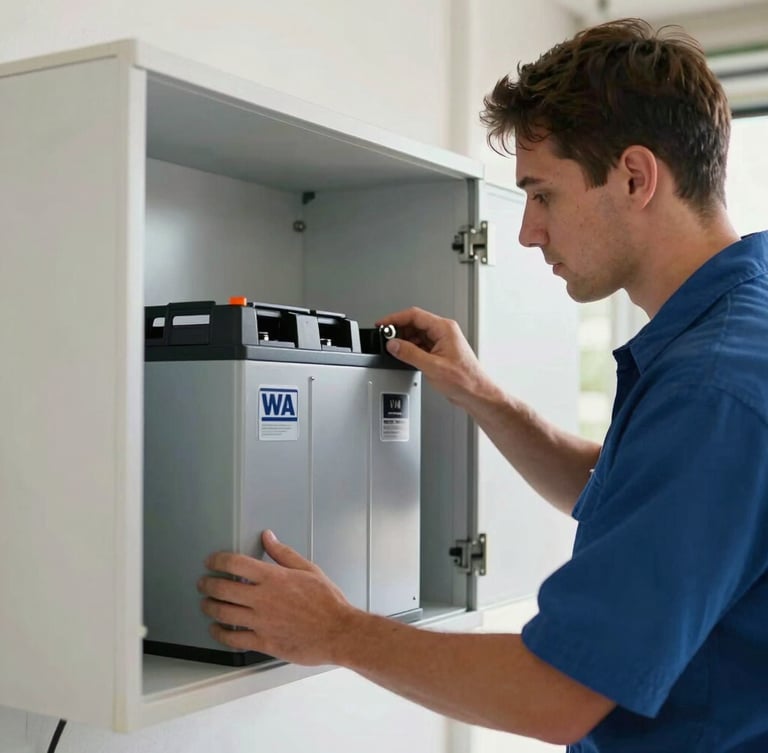 Close-up of a professional uniformed WA electrical technician neatly mounting a modern home battery enclosure in a clean garage setting, natural bright daylight