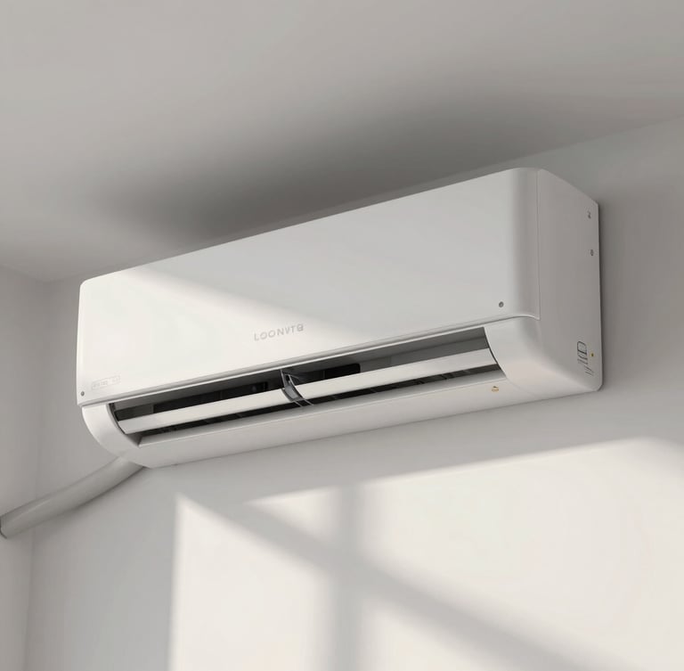 Close-up of a modern, sleek indoor split-system air conditioner unit mounted on a clean white wall, soft sunlight filtering through a window, highlighting the minimalist design and clean installation lines.