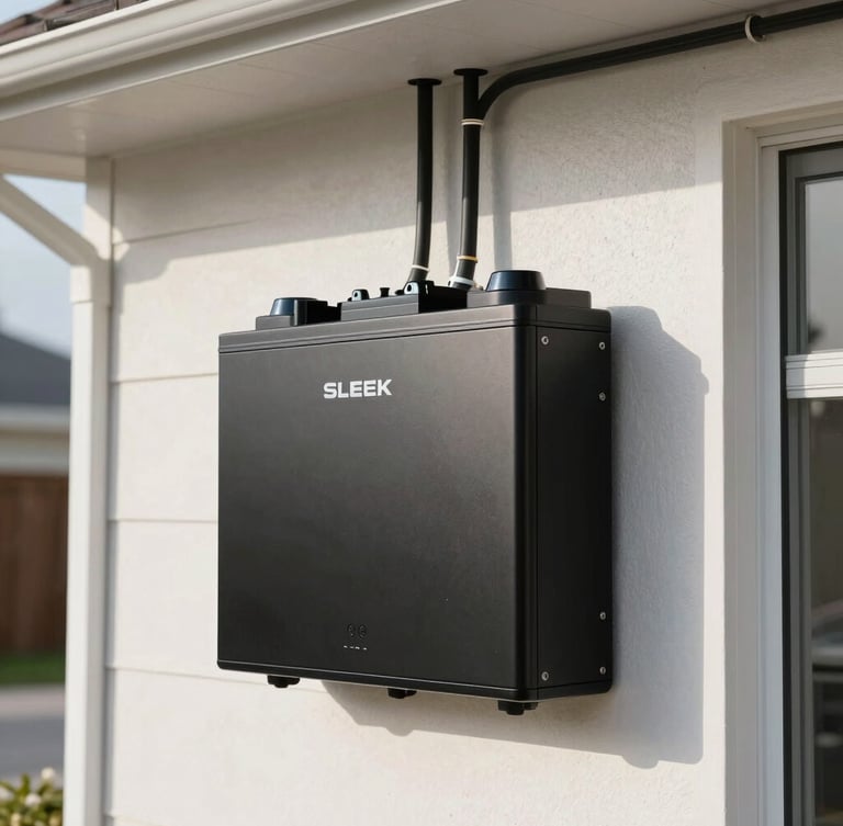 Sleek, modern home battery system mounted neatly on a garage wall, clean electrical conduits, professional workmanship in bright daylight.